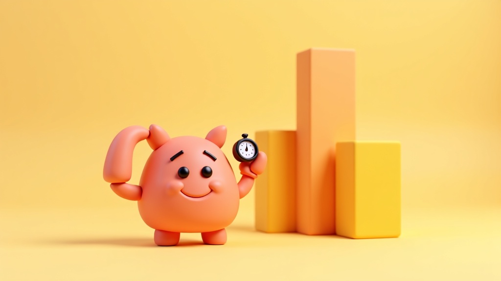 Playful 3D clay illustration of a telephone character holding a small stopwatch beside a bar chart made of clay blocks