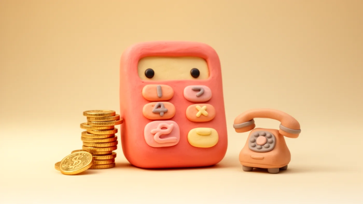Playful 3D illustration of a calculator with a small stack of gold coins and a tiny telephone.
